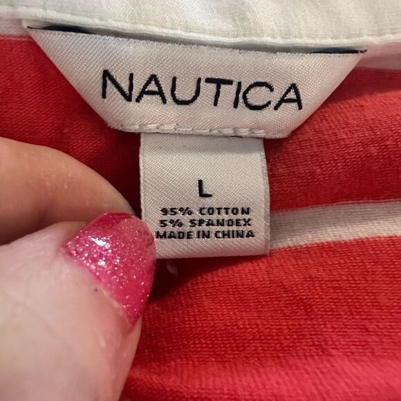 Nautica size L coral and white striped blouse with rope accent - Picture 9 of 9
